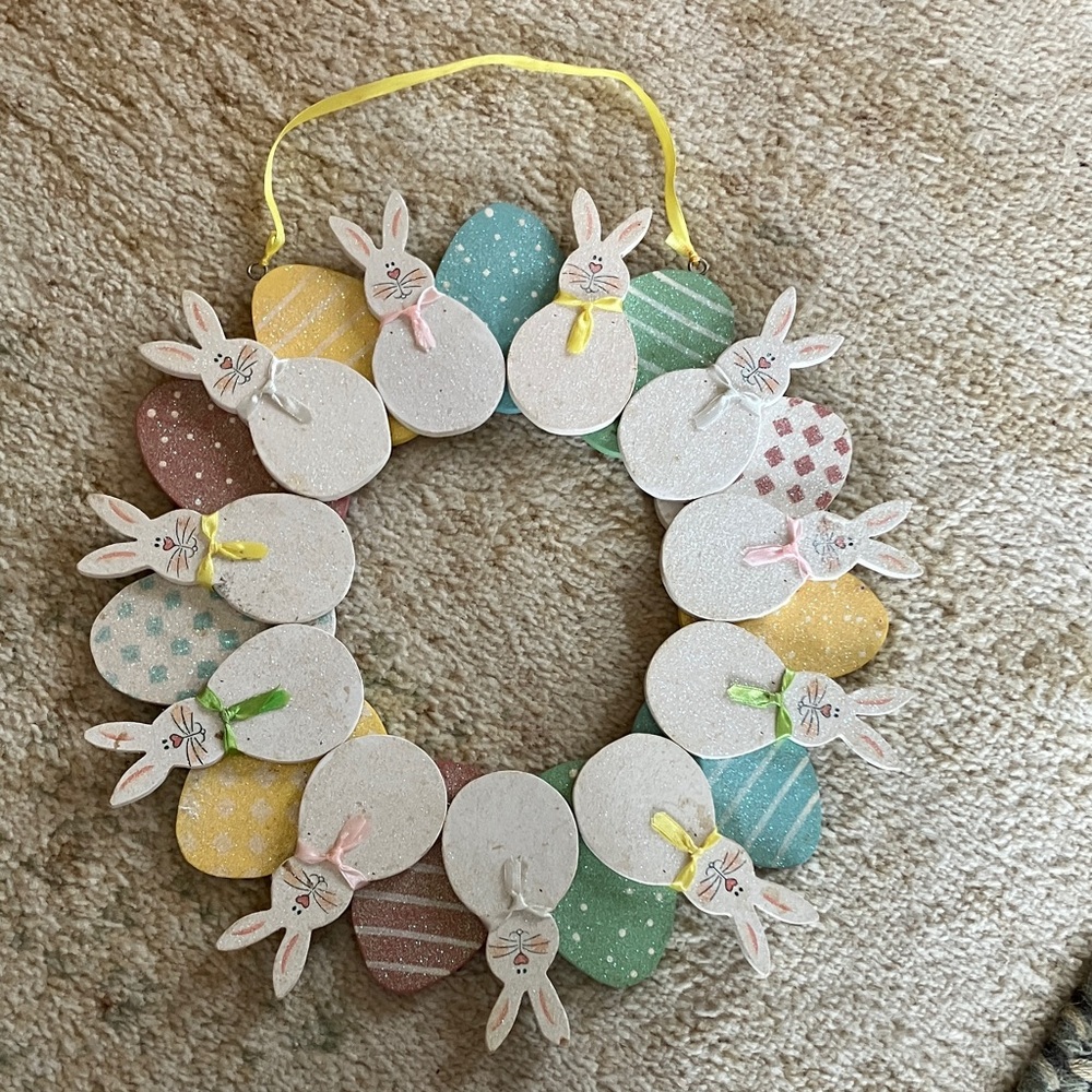 Pastel Bunny Easter Wreath - Wooden Egg & Bunny Garland
